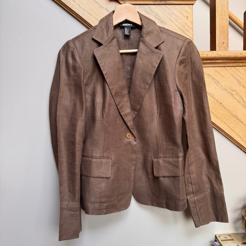 VTG DKNY Women Single Button Blazer 2 Mocha Chocolate Brown Woven Linen Textured
